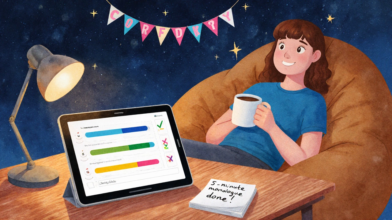 Cozy study corner showing habit tracker tablet, celebratory coffee mug, and relaxed learner.