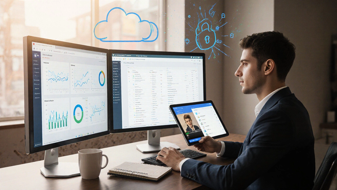Entrepreneur at desk with monitors showing analytics, video playback, and beta users, ready to launch.