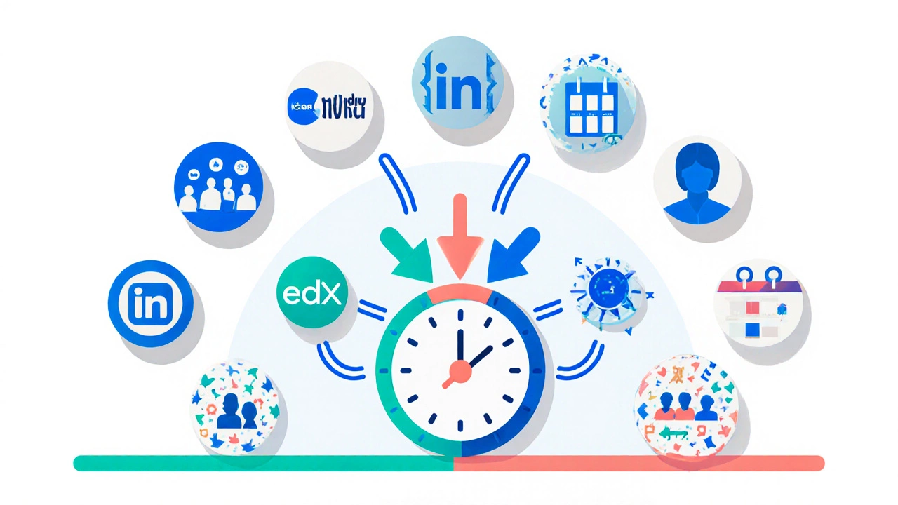 Flat illustration of major e‑learning platform icons with self‑paced and cohort symbols.