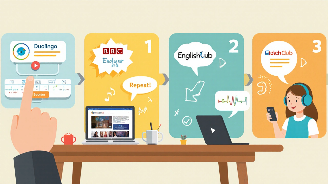 Four‑panel timeline illustrating a daily English practice routine on a desk.
