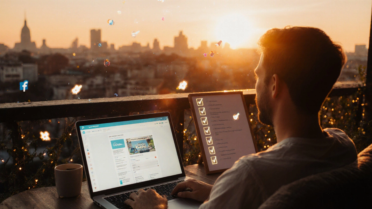 Freelancer on balcony at sunset with laptop displaying Canva design and WordPress dashboard.