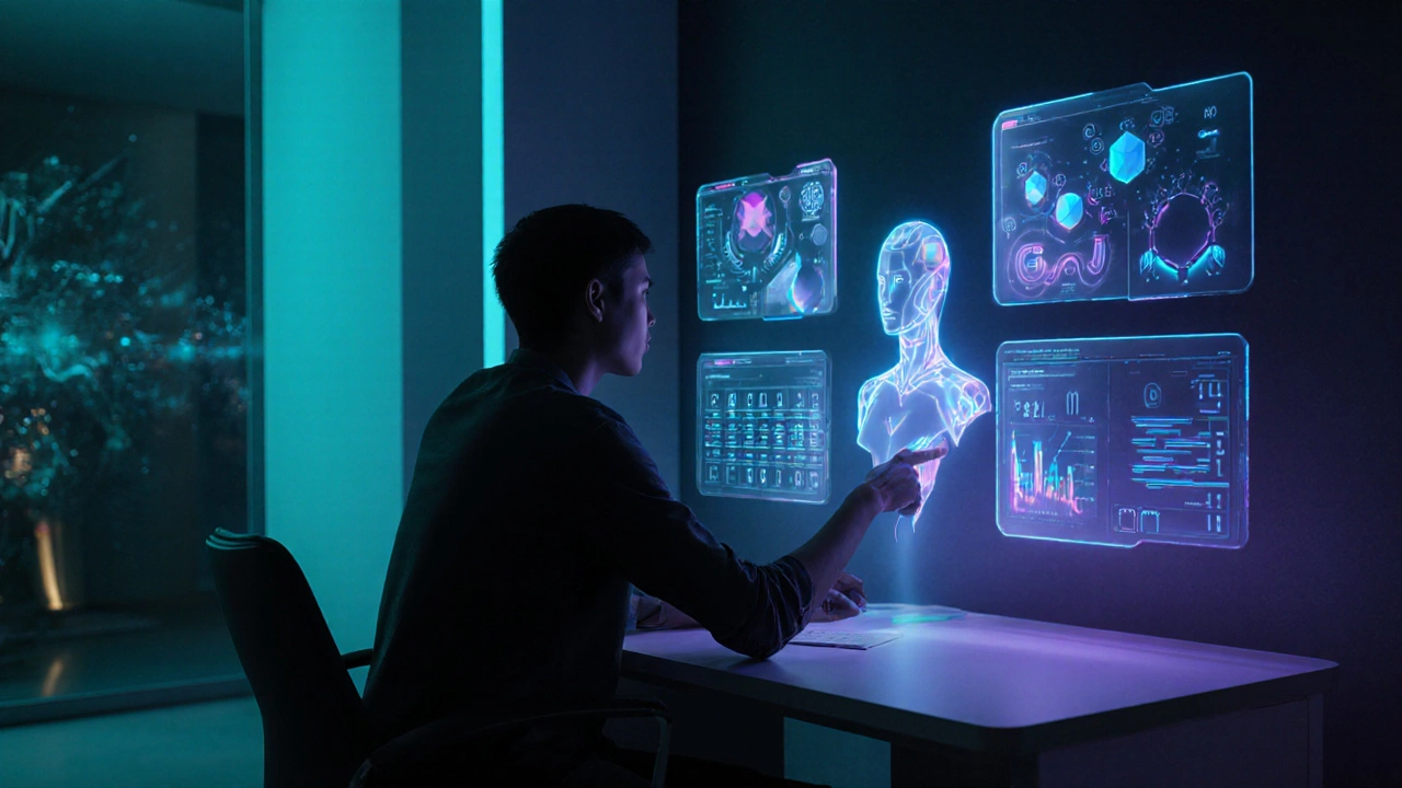 Futuristic AI holograms personalize challenges for a person at a modern desk.