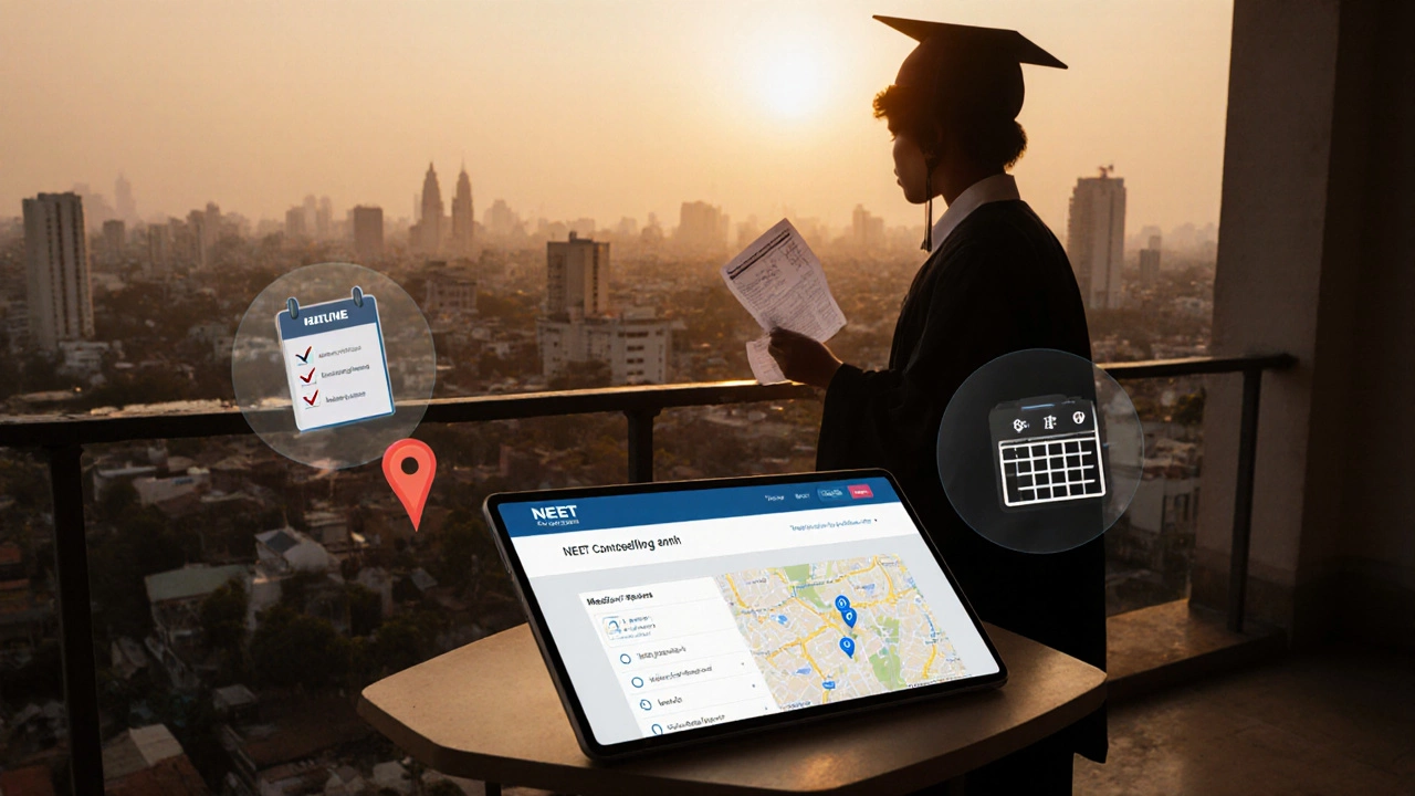Graduates holding rank slip on balcony at sunrise, tablet showing counseling portal, icons of checklist and college map.
