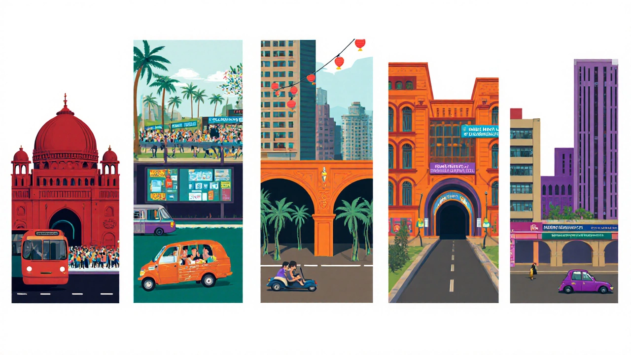 Illustrated split view of Delhi, Chennai, Bangalore, Hyderabad, Pune highlighting study landmarks.