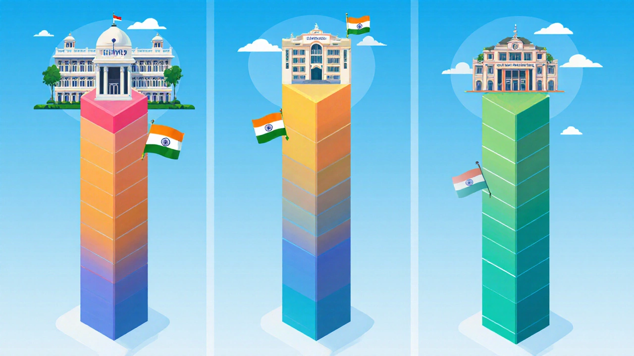 Illustration of three columns with gradient bars and hospital icons showing rank ranges for college tiers.