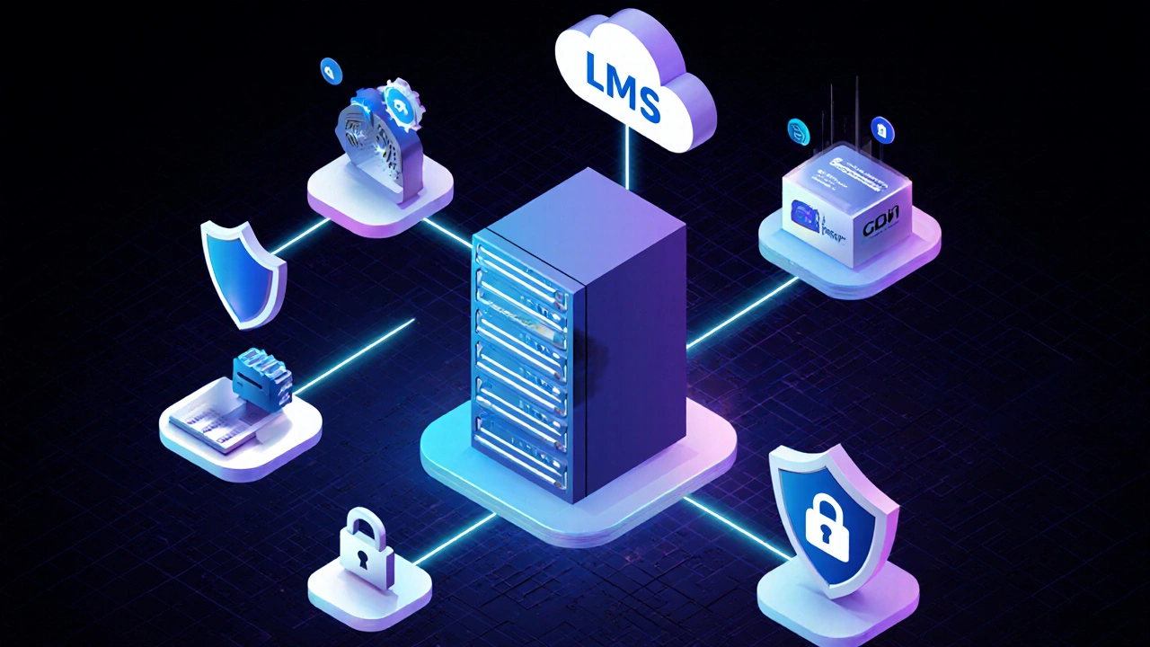 Isometric view of LMS server surrounded by CDN, video, payment, and security icons connected by lines.