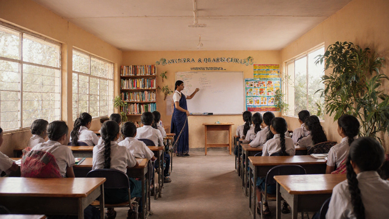 Kerala classroom showing engaged students, teacher, books, and natural light.