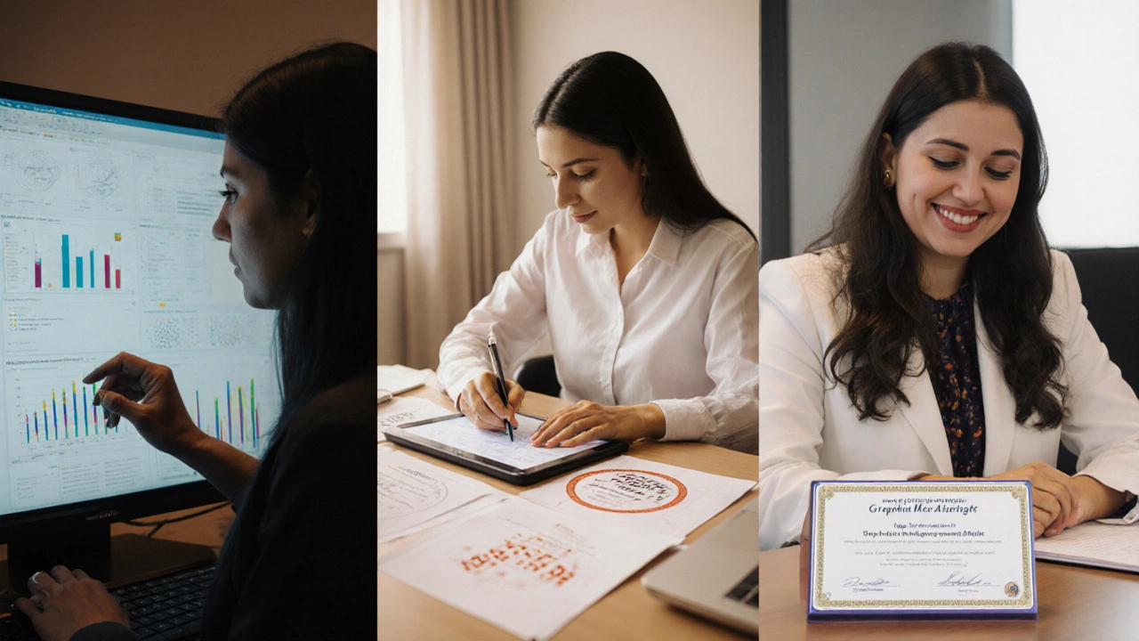 Montage of three women working in fintech, design studio, and healthcare admin after courses.