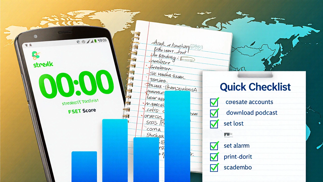 Motivational collage of streak counter, vocabulary notebook, progress graph, and checklist.