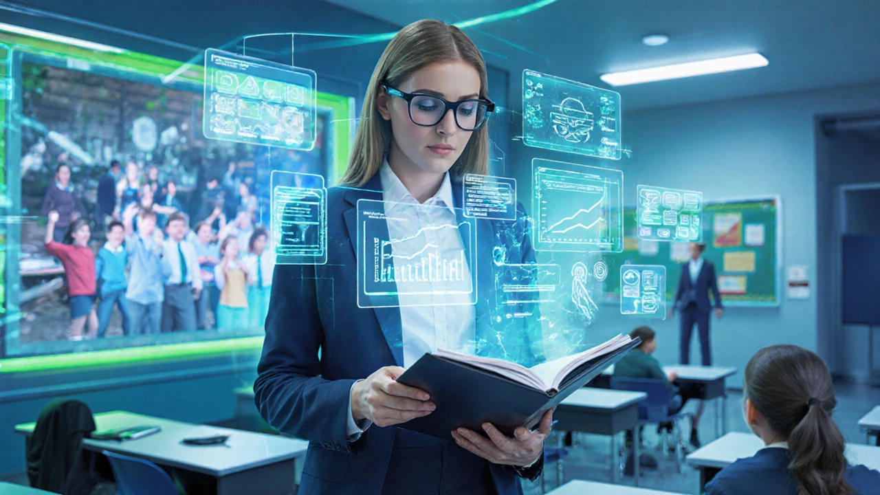 New teacher reviewing a holographic portfolio in a high‑tech classroom.