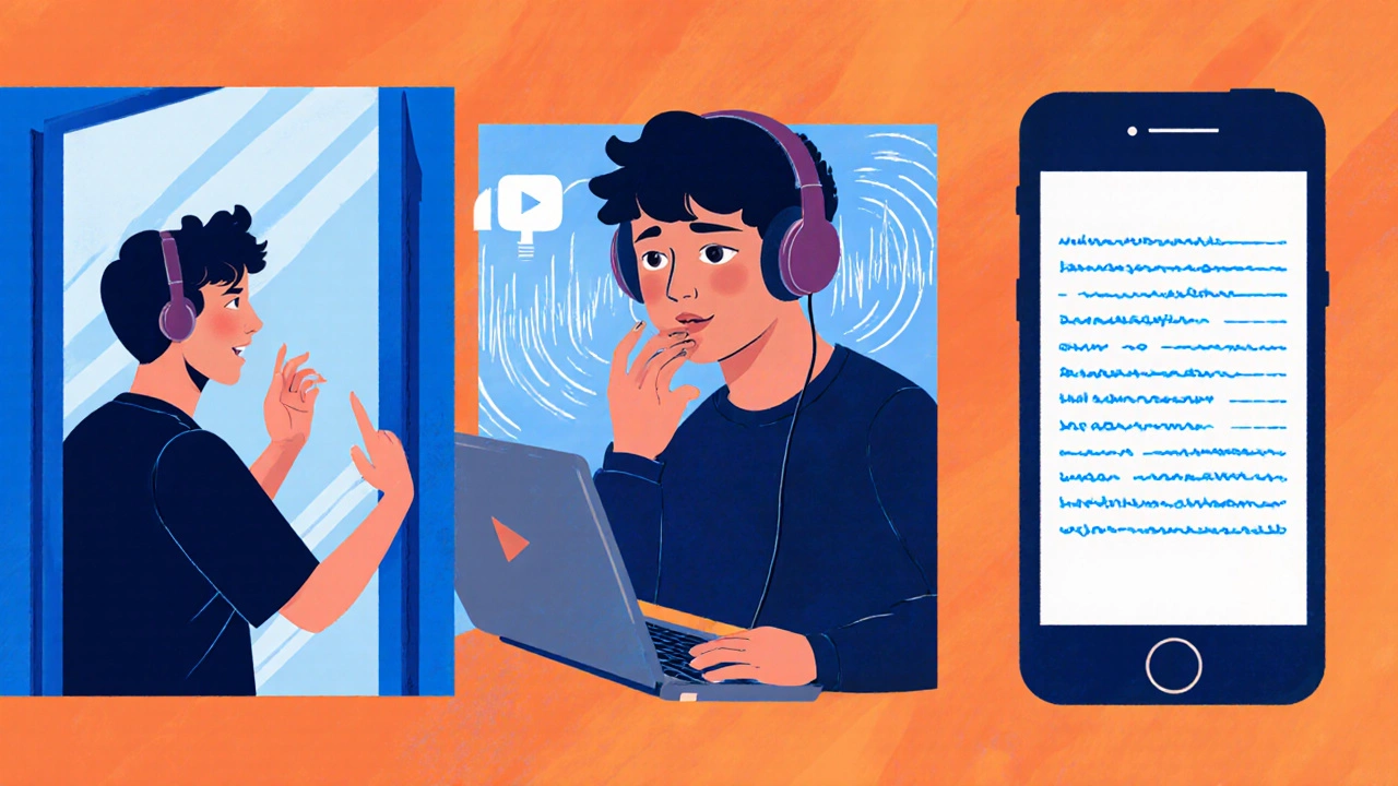 Three‑panel illustration of mirror self‑talk, video shadowing, and voice‑to‑text practice.