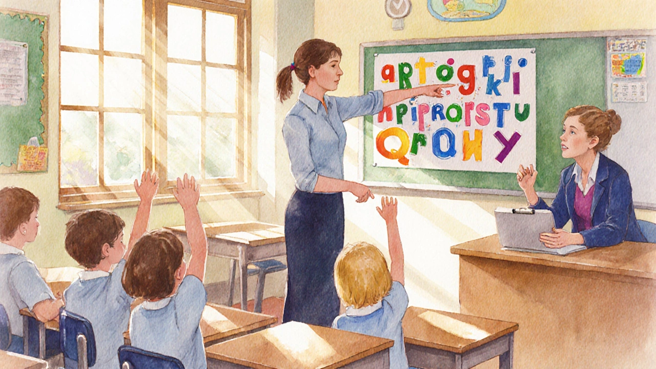 Trainee teacher leading a class while a mentor watches and offers guidance.